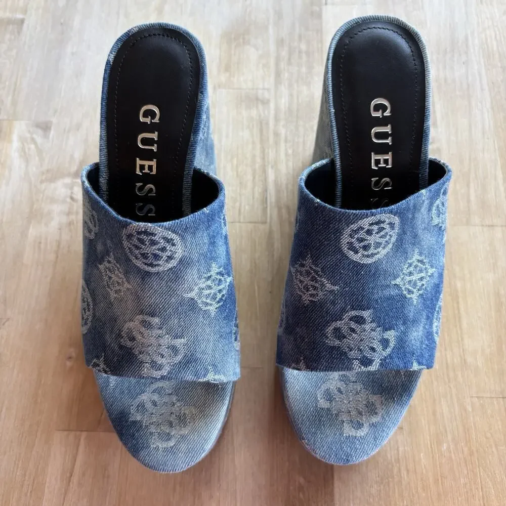 Guess Denim Logo Wedge Mules Women’s 8M Blue Slip On Platform Shoes New - Picture 6 of 10